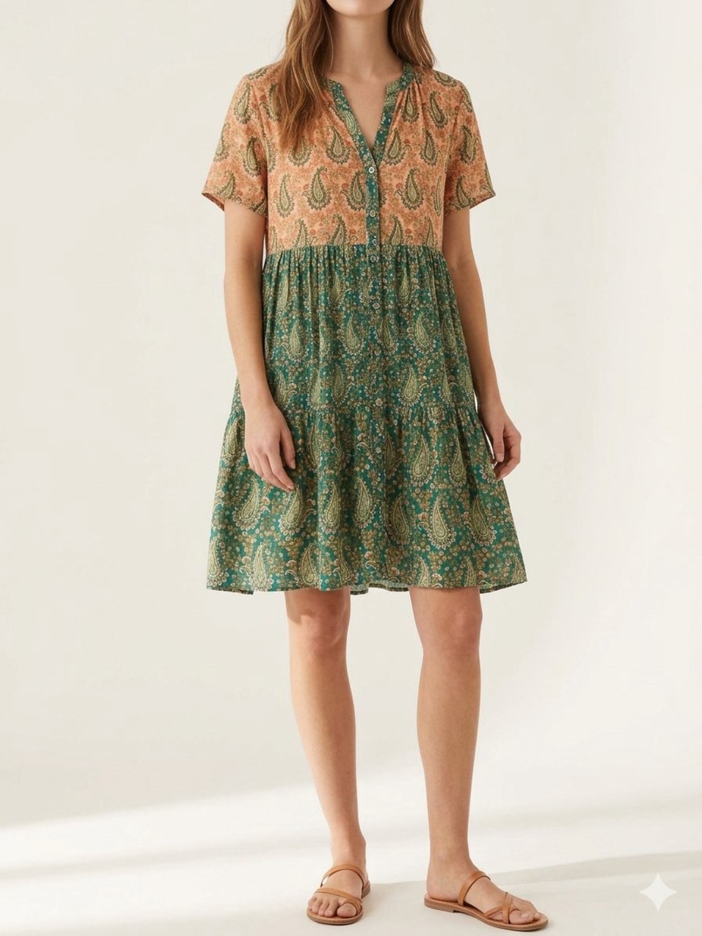 DR2 Teal and Peach Paisley Tiered Dress